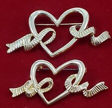Valentine's Heart Brooch Pin Lot Gold Tone Mom & Daughter Size Ribbon Unique  picture