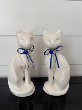 Vintage Cat Pair MCM White Ceramic 8”H Blue Rhinestone Ribbon Collector picture