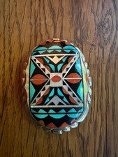 NATIVE AMERICAN WAYNE & VIRGINIA QUAM STERLING INLAYED BELT BUCKLE picture