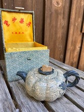 Vintage Yixing Chinese Blue Clay Teapot Leaf Butterfly with Box picture