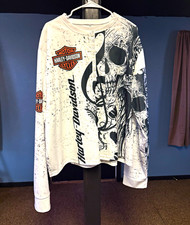 Harley-Davidson Motorcycles White Long Sleeve Graphic T-Shirt Skull Design picture