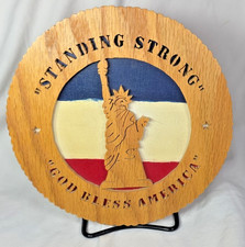 Handmade 3D Folk Art Plaque Wooden Patriotic Statue of Liberty God Bless America picture