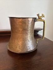 6” Antique Copper Pitcher Jug Mug Hammered Brass Rooster Chicken Handle picture