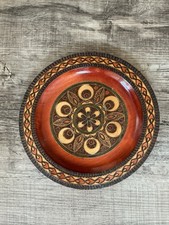 Vintage Polish Folk Art Carved Wood Plate Floral Neutral Colors 9.5