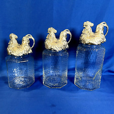 Arthur Court Aluminum Rooster Chicken Dimpled Glass Canister Set 2003 Retired picture