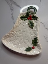 Vintage LEFTON Ceramic White Christmas Bell Serving Candy Dish w/Holly Leaves picture