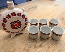 Vintage Zajecar Ceramic Decanter Set: Yugoslavian Liquor Flask & Shot Glasses picture