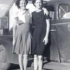 c1940s Two Smiling Women 1940 Coupe Car Snapshot Photo Fashion Dresses Sandals picture