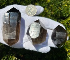 220g LOT 3 DT DOUBLE TERMINATED SMOKY QUARTZ POINTS POINT ETCHED picture