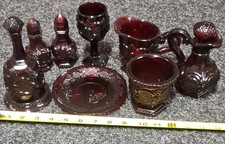 Avon Cape Cod Ruby Red Glass 8 pc Lot Salt Pepper Plate Goblet Bell Cream Sugar picture