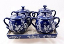 Temptations 2 Handled Covered Soup Bowls and Tray Cobalt Floral Lace 16 Ounces picture