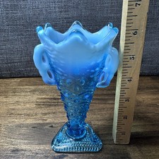 Antique c.1903 Jefferson Glass Aurora Borealis Blue Opalescent Tri-CornerVase 6” picture