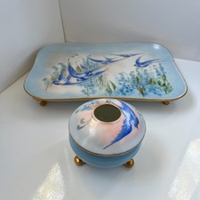 Antique Limoges T&V Hand Painted Blue Birds Tray w/Noritake Nippon Hair Receiver picture
