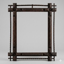 Vintage Tramp Art Frame, Rustic Folk Art Photo Display, Primitive Mirror Frame picture
