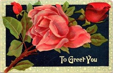 VINTAGE TO GREET YOU BEAUTIFIUL PINK & RED ROSES~ GERMAN POSTCARD JX picture