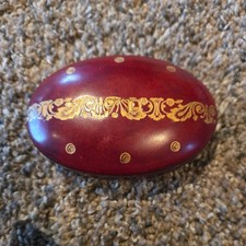 Vintage Italy Tooled Red Calf Leather Small Trinket Box Oval - Gold Gilt Detail picture