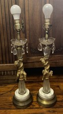 Pair VTG MCM Hollywood Regency Cherub Crystal Prism Table Lamps Antique Gold 25