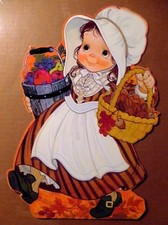 2 VINTAGE HALLMARK 1979-87 THANKSGIVING PILGRIMS BOY & GIRL DIE CUT DECORATIONS picture