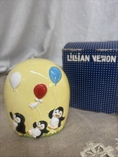 Vintage Lilian Vernon Yellow 3 Penguins With Balloons Bank Made In Japan picture
