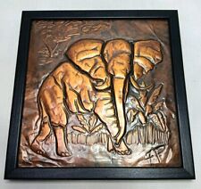 Vtg 3D Elephant Wood Framed Embossed Copper Wall Art Plaque Picture 8