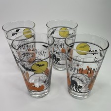 Vintage Libbey Happy Halloween Glasses Set of 4 Cat Spider Pumpkins Moon 16oz picture
