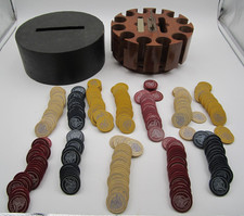 RARE SET 1906 Design Antique Clay Poker Chips Engraved w/ Indian Chief 4 Colors picture