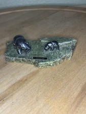 Vintage Hematite Bear Figurines on Genuine Jade Base – Stone Carving Sculpture picture