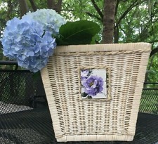 Vintage Antique NATURAL WHITE WICKER *Purple Flower Inset* Plant Waste BASKET picture