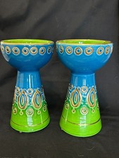 MCM Rosenthal Netter Bittossi Green Blue Candle Stick Holder Pair Italy Pottery picture