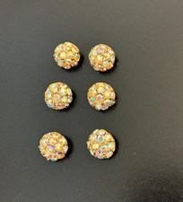 6 Vtg Rhinestone Buttons Prong Set Dome AB Round Gold Tone Fastener Sewing Craft picture