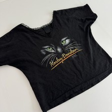 3D Emblem Harley-Davidson Vintage Rare 1991 Black Cat Cropped Lace Trim TShirt S picture