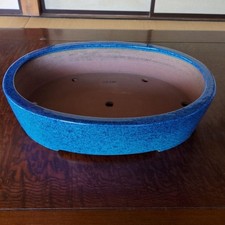 Tokoname Ware Reihou Large Oval Bonsai Pot Blue Glaze With Stamps picture