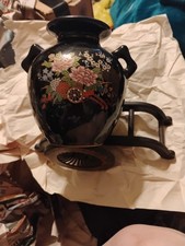 Vintage Ceramic Black Asian Style Vase With Flower Pattern picture