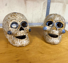 Pair of Ceramic Skull Figurines Crackle Glaze Cream Brown Blue Black Halloween picture