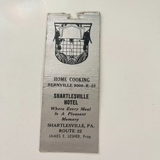 Shartlesville Hotel 1938 James E Lesher PA Vintage Matchbook Cover TMB84-6 picture