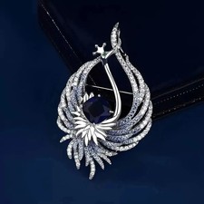 Sapphire Pavé Diamond Celestial Fire Phoenix Brooch Pin 14k White Gold Plated picture
