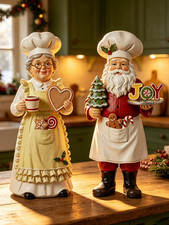 2pc Chef Santa Claus and Mrs Claus wooden figurines Christmas ornament set picture