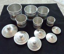 Vintage French Set 6 ALUMINIUM NESTING STORAGE CANISTERS Kitchen Tins with Lids picture