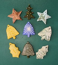 Vintage Christmas Ceramic Pottery Ornament, Tree Bells Leafs and Stars, Lot of 9 picture