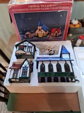 VTG 1994 Crystal Village Lighted Stained Glass Houses set of 3 w/Box picture