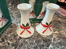 Mount Clemens Vtg Christmas Candle Holders Ribbon & Holly Pair Japan Set Of 4 picture