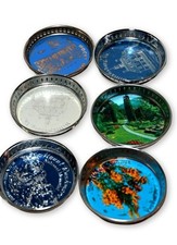 Vintage Souvenir Glass Coasters Set of 6 Chrome Rim Made in Japan Travel States picture
