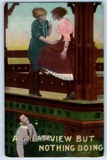 Humor Postcard Man Peeping Tom A Great View But Nothing Doing c1910's Antique picture
