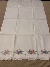 2 Vintage 1950s Cross Stitch Floral Pillowcases NOS White Crochet Lace Edge picture