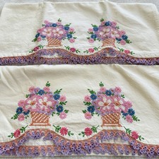Vintage Hand Embroidered Floral Basket Pillowcases Pair Crochet Trim 30x18 picture