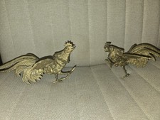 60s Vintage Cast Brass Fighting Roosters Chickens Figurines Set MCM picture