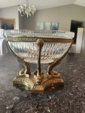 19 C Antique French Crystal Bowl on Bronze Dolphin Koi Fish Pedestal Centerpiece picture