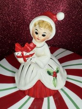 Vtg Josef Originals Christmas Girl In Santa Hat With Present Bell Figurine Japan picture