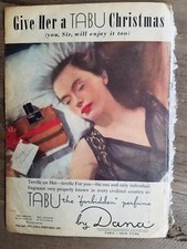1952 Dana Tabu forbidden perfume bottle woman sleeping black lingerie ad picture