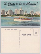 Vintage Miami Florida Skyline Linen Postcard - Colourpicture Boat View picture